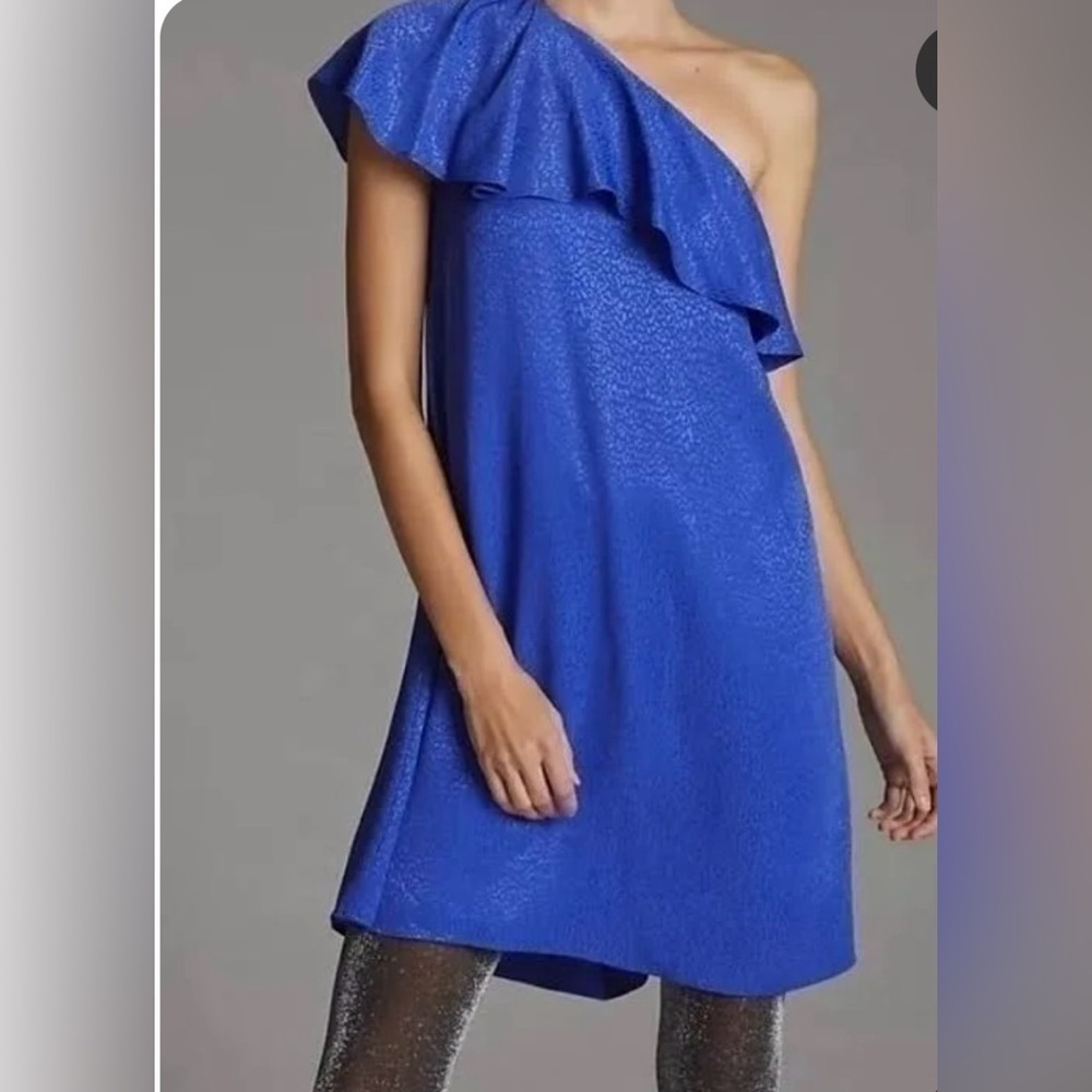 ANTHROPOLOGIE RUFLED ASYMMETRICAL ROYAL BLUE DRESS SIZE 8 NWT